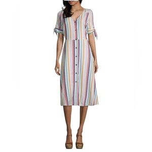a.n.a Rainbow Striped Midi Sundress with V-Neck and Cuffed Sleeves Linen Blend L